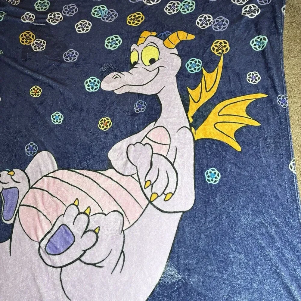 Disney Parks Figment Purple Dragon Print Soft Fleece Throw Blanket 80”x60” Rare